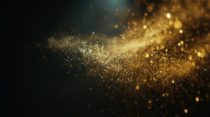 Naklejka premium Shimmering gold particles floating in dark space, creating a festive and celebratory abstract effect. 