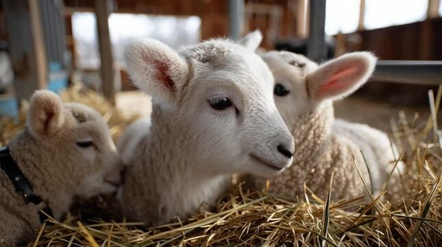 Adorable lamb cuddles together indoors on the hay. It's a heartwarming scene of friendship and innocence, showing the gentleness of animals