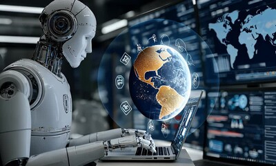 Humanoid Robot Using Laptop with Global Data Visualization - Powered by Adobe