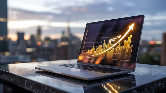 Laptop displaying financial growth chart with upward arrow on desk overlooking city skyline at dusk