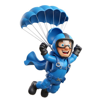 Cartoon character in blue parachute suit floating in air smiling with black background. Rendered in 3D style.