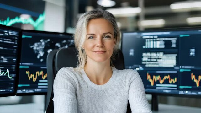 Professional woman in modern office excels at data analysis and technology for informed decisions.