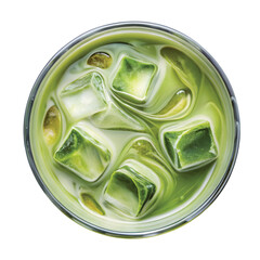 Iced Matcha Latte Aesthetic: Overhead view of an iced matcha latte in a clear cup with ice cubes and green swirl effect, sharp PNG