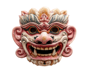 Thai giant mask traditional Asian art cultural sculpture ornate hand painted isolated on white fierce expression festival mythology decorative detailed carving