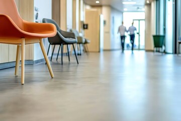 Blurred background of a hospital corridor with empty chairs and medical staff walking in the distance, a defocused background for a copy space banner concept. Stock photo with 2/3 space for text.
