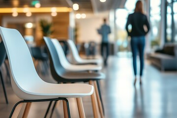 Blurred background of a hospital corridor with empty chairs and medical staff walking in the distance, a defocused background for a copy space banner concept. Stock photo with 2/3 space for text.