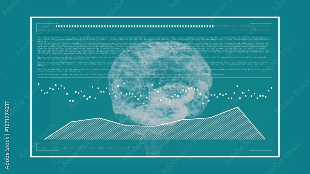 Poster particle mist initiating waveform animating while 3d brain model rotating visualizing data