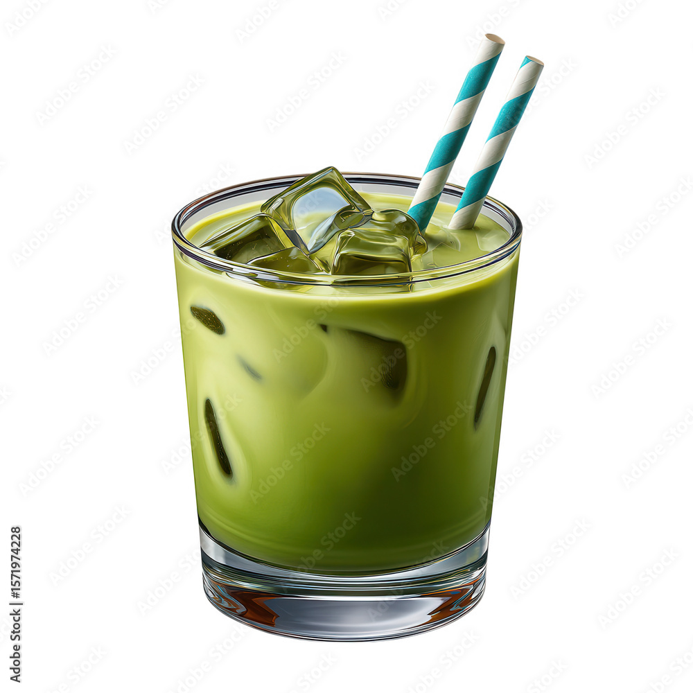 Poster iced matcha latte with straws isolated on transparent background
