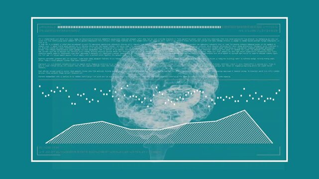 Particle mist initiating waveform animating while 3D brain model rotating visualizing data