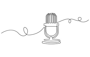 Podcast. Continuous one single line drawing Retro microphone logo icon, vector illustration concept. Hand drawn one line vector.Editable stroke