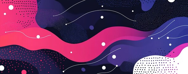 Abstract digital technology background with geometric waves and dots, vector illustration in a dark blue, pink, purple, and red color scheme with white accents, a simple flat design