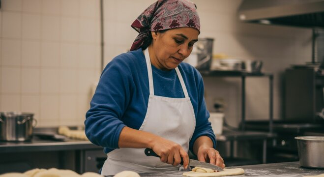 Middle-aged woman preparing dough in kitchen.