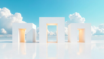 a white architectural structure with a curved, undulating surface, set against a clear blue sky. The structure appears modern and minimalist.