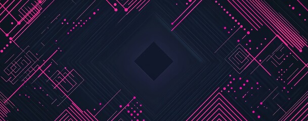 Abstract digital background with geometric shapes and lines forming an intricate pattern, featuring pink dots on a dark blue background. The composition includes wireframe elements representing