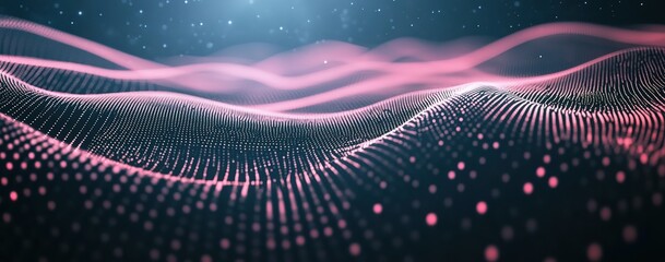 Abstract digital background with geometric shapes and lines forming an intricate pattern, featuring pink dots on a dark blue background. The composition includes wireframe elements representing