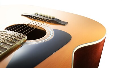 Fototapeta premium A single acoustic guitar isolated on white, showcasing detailed craftsmanship in a studio setting. 
