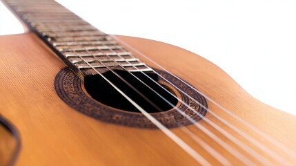 Fototapeta premium A single acoustic guitar isolated on white, showcasing detailed craftsmanship in a studio setting. 