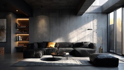 Modern interior design of a living room with a blue sofa

