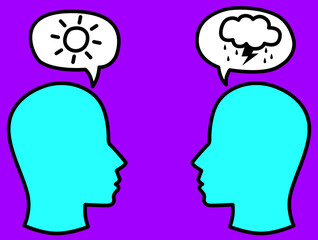 A dual mindset conversation illustration with two profiles exchanging sunny optimism and stormy pessimism speech bubbles highlighting emotional perspectives and communication.
