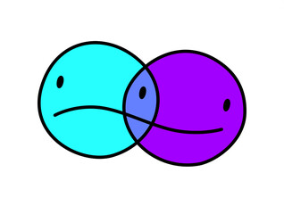 A dual emotion venn diagram merging sad and happy faces to convey balanced mood contrasts and psychological duality.
