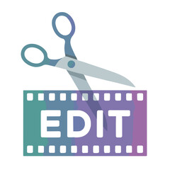Scissors Cutting Video Clips Icon – Suitable for Concepts Related to Video Editing, Cutaway Scene, and Media Post-Production