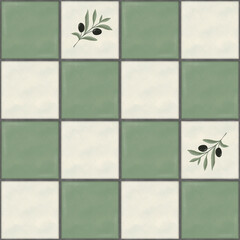 Seamless Pattern Ceramic Tile Olive Branch Mediterranean realistic kitchen backsplash background