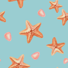 Seamless pattern with scattered starfish on blue background in hand drawn watercolor style. Marine summer design with texture and bright color. Perfect for fabric or wallpaper and beach project.