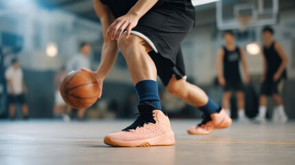 Naklejka premium Close-Up of Basketball Player's Legs in Action Dribbling a Ball on the Court During Practice Session
