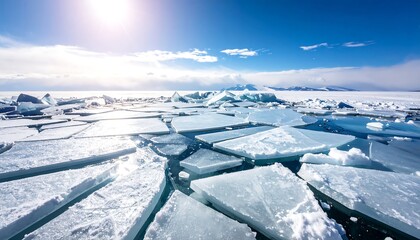 Shattered ice on a sunny lake