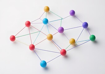 Fototapeta premium A simple vector graphic of interconnected nodes representing different areas or stalls at an event, with colorful dots and lines connecting them on a white background. The design is clean
