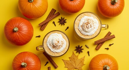 Overhead view of pumpkin spice lattes and pumpkins on a yellow table