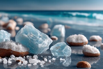 Raw light blue crystals and sea salt formations on a wet surface with ocean background