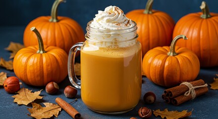 Pumpkin spice latte with whipped cream surrounded by pumpkins and leaves