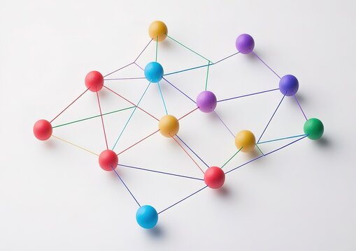 A simple vector graphic of interconnected nodes representing different areas or stalls at an event, with colorful dots and lines connecting them on a white background. The design is clean