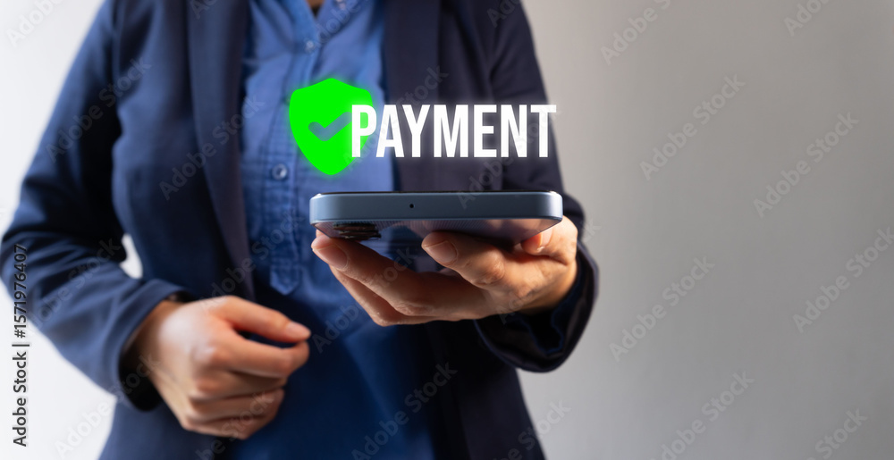 Aufkleber a businesswoman shows her cell phone while a button with the word 