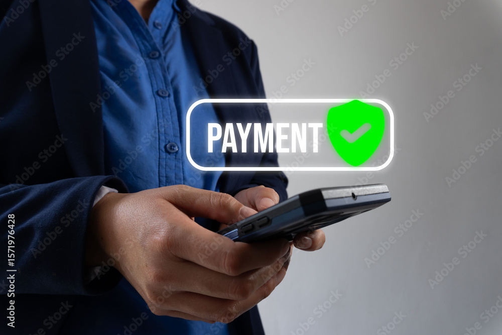 Poster a business person works on his smartphone while a button appears with the word 