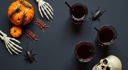 Halloween cocktails and decorations on a dark surface create a spooky mood