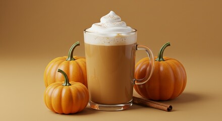 A pumpkin spice latte with whipped cream and pumpkins