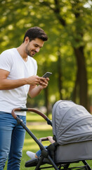 A smiling man takes a picture with his phone while pushing a baby stroller in a park setting outdoors