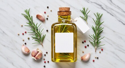 Infused olive oil bottle with rosemary sprigs and garlic cloves on marble background