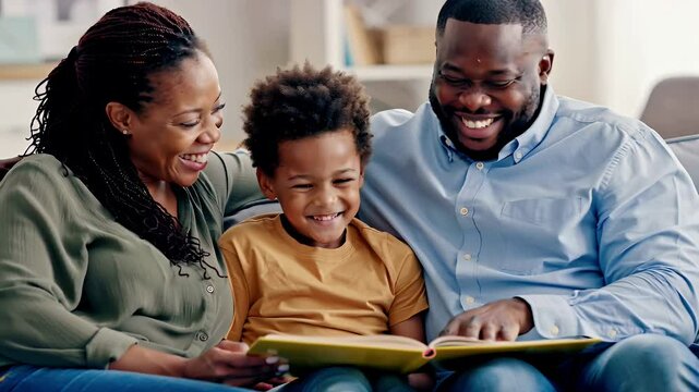 Smiling african parents reading book with their cheerful son together at home