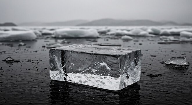 Ice cube on black sand beach with glacier lagoon and icebergs in Iceland - Powered by Adobe