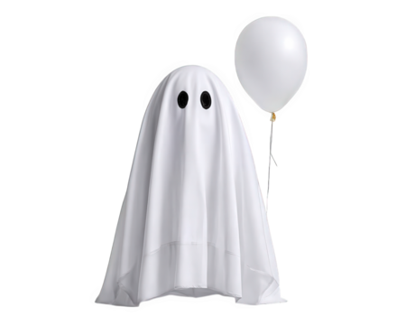 Ghost with white sheet and black eyes holding white balloon, isolated on transparency background, playful and whimsical Halloween concept, minimal style, fun and spooky vibe
