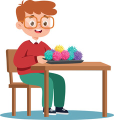 Boy wearing glasses sitting at table playing with colorful sensory spiky balls vector illustration