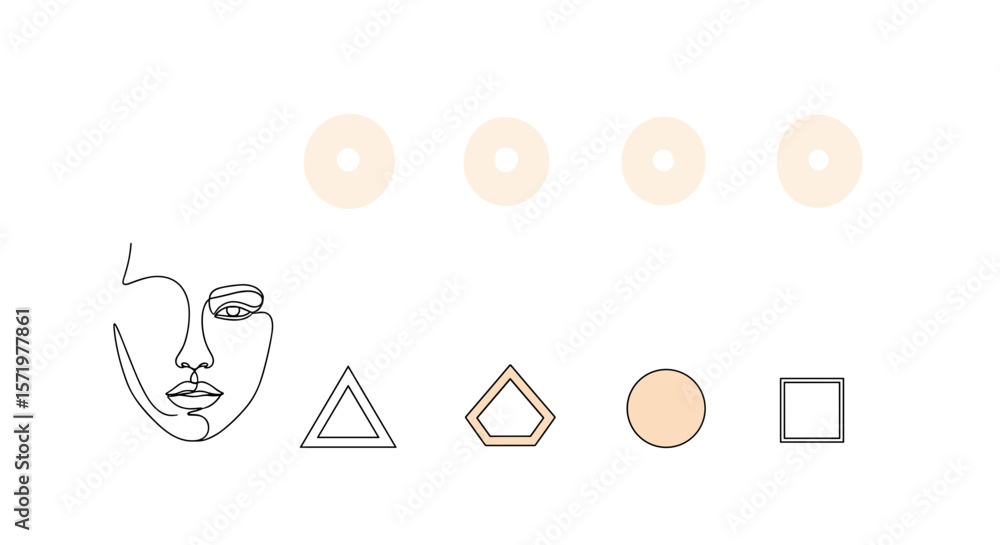 Poster minimalist line art of a face with geometric shapes and four oval shapes in the background
