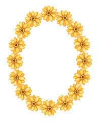 Wreath watercolor with yellow flower in oval frame. Hand drawn floral illustration with bright sunflower and botanical bloom and petal elements. Perfect for summer card template and holiday design.