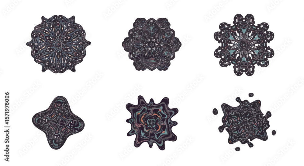 Poster a set of six abstract dark patterned shapes arranged on a white background with intricate details an