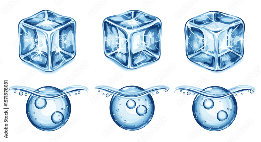Poster three ice cubes and three water droplets with wings arranged in two rows on a white background
