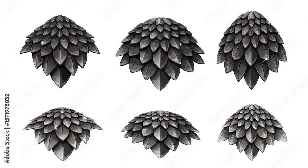 Aufkleber six stylized metal pine cones arranged in two rows on a white background in a symmetrical compositio