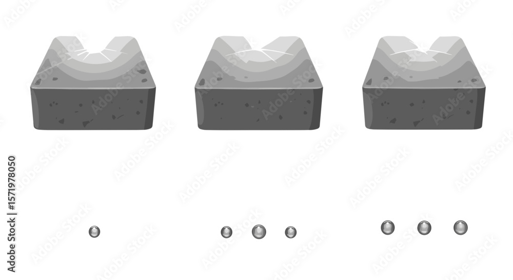 Poster three concrete blocks with v shaped top and small oval shapes below in a grayscale arrangement view